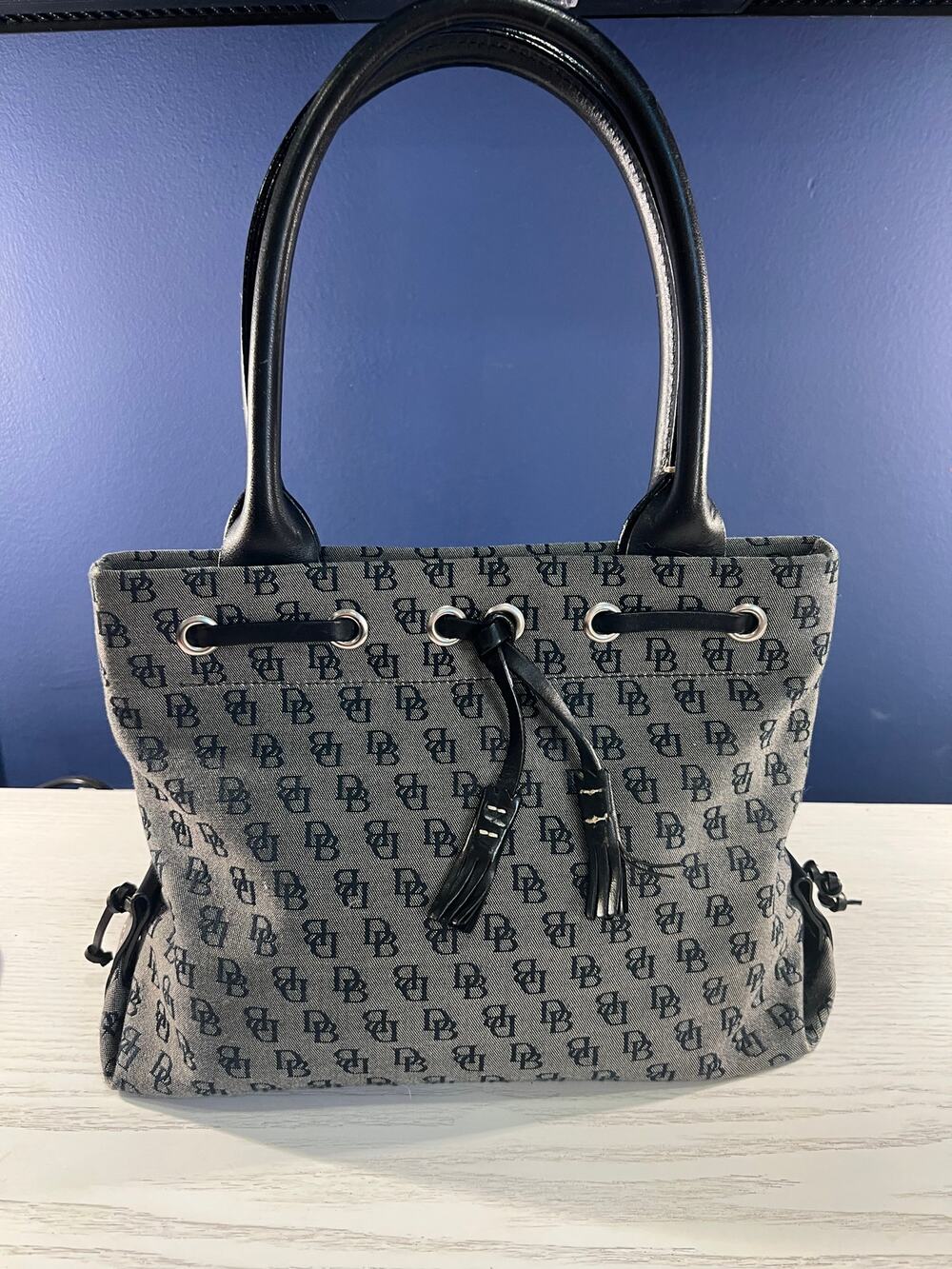 Vintage Dooney & Bourke Mini Tassel Tote Monogram Purse - Gray & Black